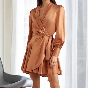 Zimmermann Silk Wrap Mini Dress Gold Brown Silk Cocktail Dolman Sleeve US SZ 4